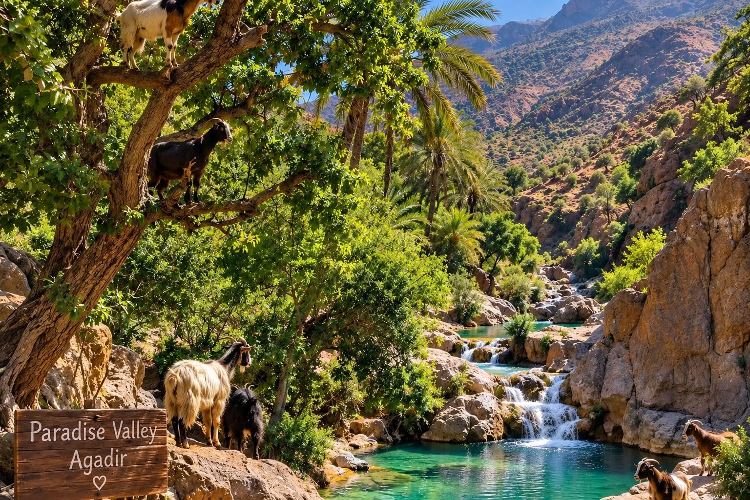 Illustration de la vallée du Paradis près d’Agadir, entre palmiers et bassins