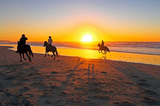 Balade à cheval sur une plage au coucher du soleil