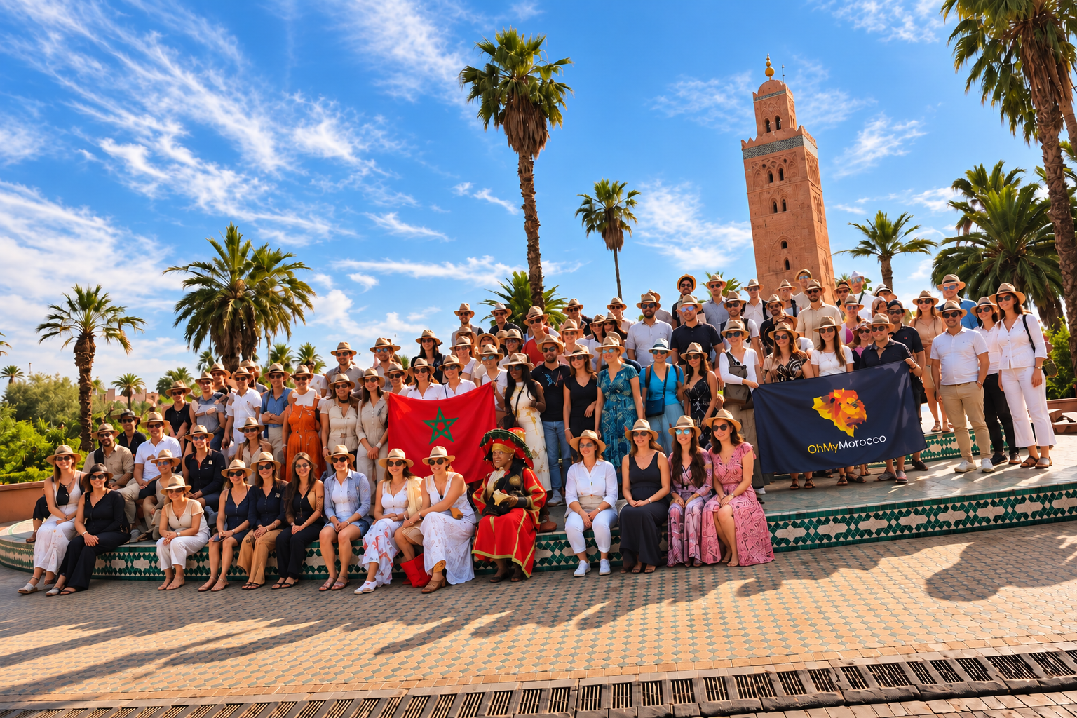 Participants d’un séminaire d’entreprise au Maroc devant la Koutoubia à Marrakech