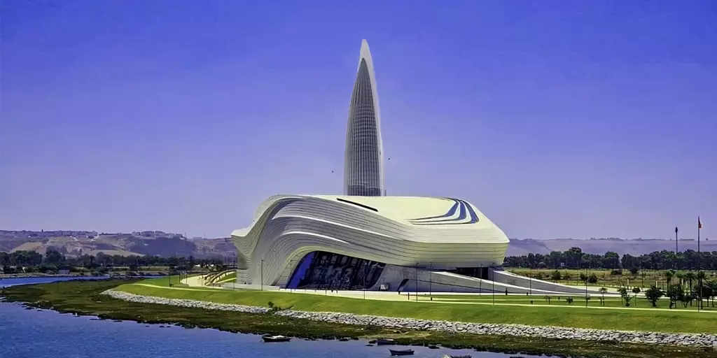 Grand Théâtre de Rabat avec la tour Mohammed VI en arrière-plan