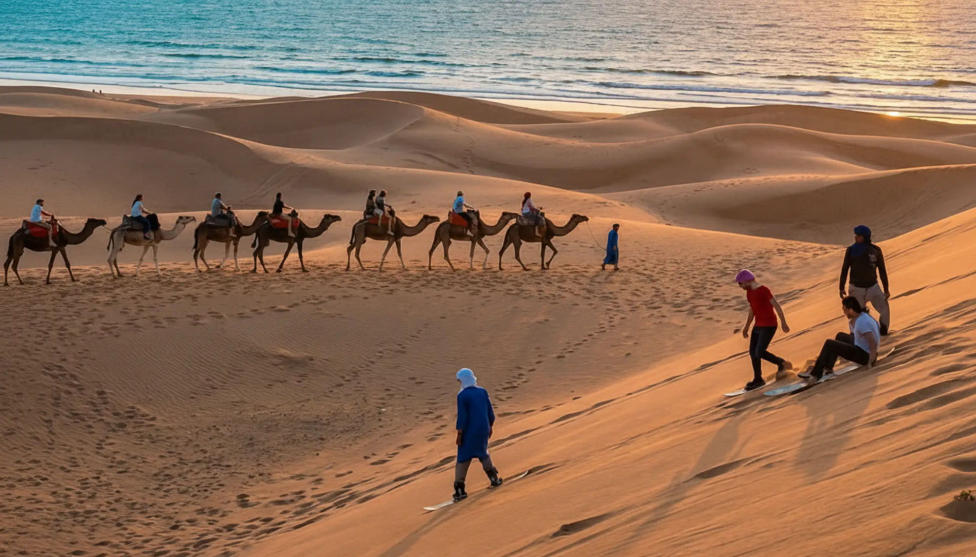Sandboard et promenade à dromadaire dans les dunes face à l’océan